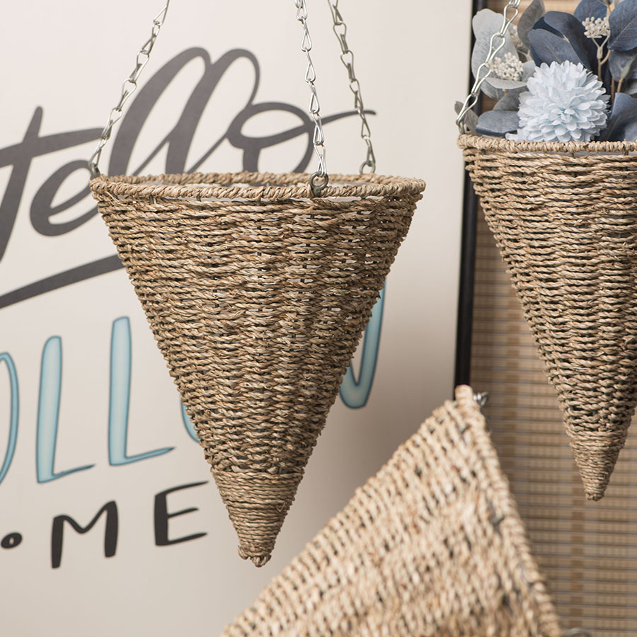 Cesta colgante de paja de estilo pastoral de estilo europeo, cuerda de paja tejida a mano, maceta colgante, balcón, jardín, casa de familia, decoración floral creativa