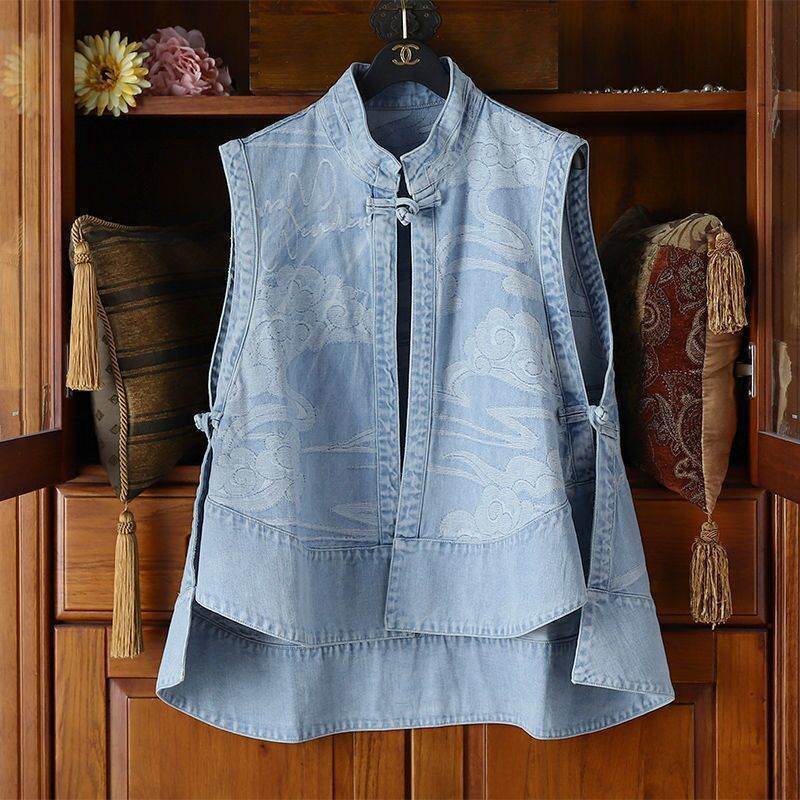 National Style Denim Vest for Women 2025 Spring & Fall New Loose Thin Ethnic Style Chinoiserie Buckle Vest Cardigan Jacket