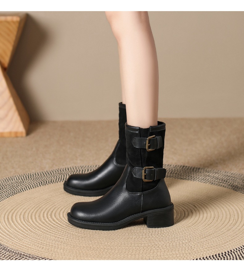 Vintage high-heeled booties Women's boots New fall/winter belt buckle mid-calf single boot chunky heel boots_voghion.com