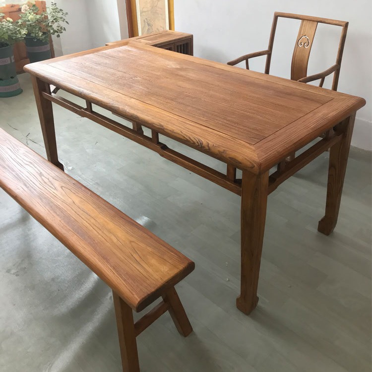 老榆木茶桌中式复古餐桌椅实木长条凳民宿禅意风化老门板马蹄书桌