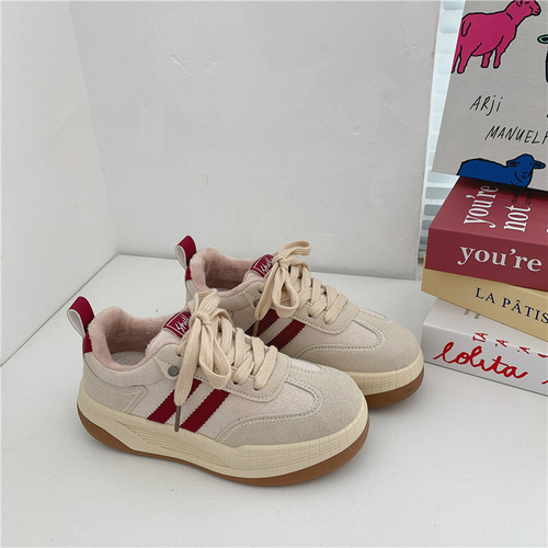 Women's  New Korean Version Casual Winter Canvas Shoes with Thick Soles and Fleece Lining, Versatile British Style White Training Shoes with Fleece and Cotton Insoles