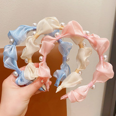 網紗珍珠發箍兒童仙氣小清新皺褶網紗頭飾小女孩珍珠壓節波浪頭箍