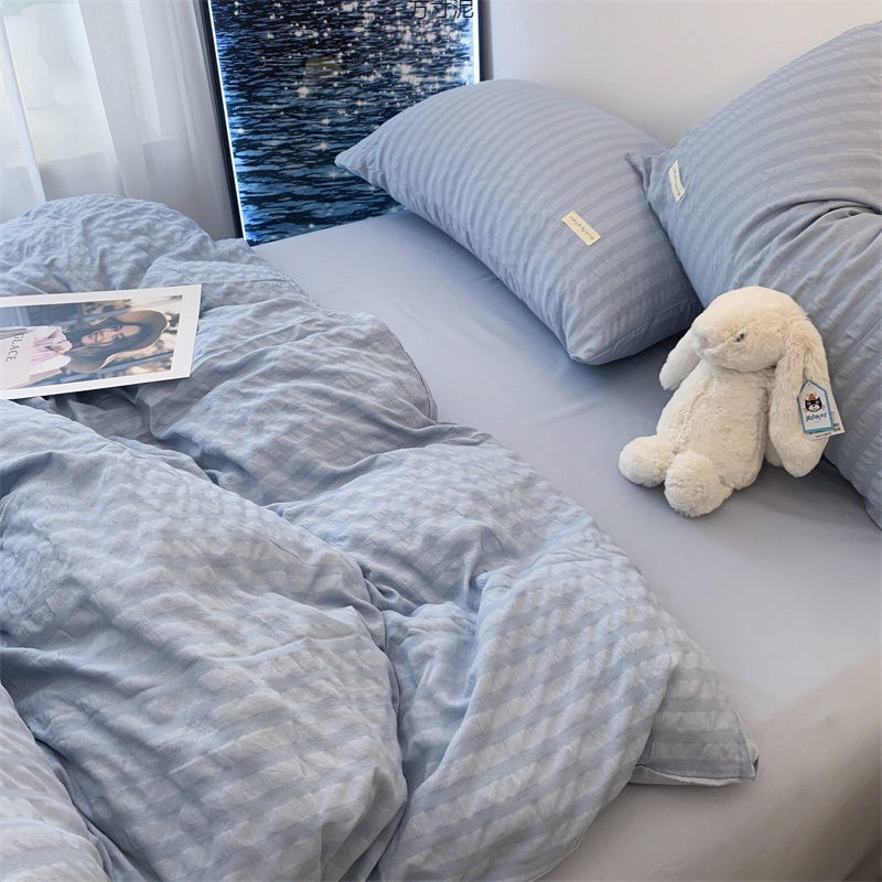 Korean Style Light Blue Bed Sheet Set Four Piece Bedding_voghion.com