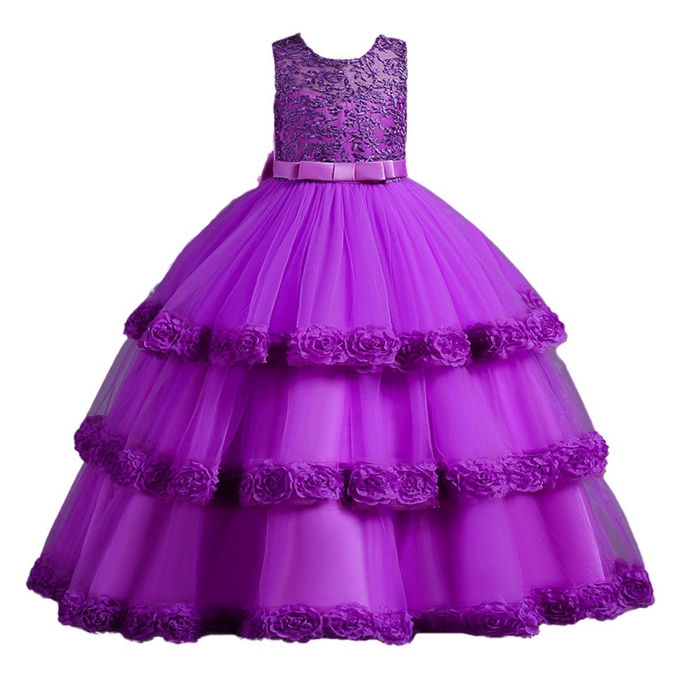 Европейская и американская детская одежда, детское платье, многослойное платье принцессы из пушистой пряжи с цветочным принтом, женское вечернее платье для выступления на фортепиано для девочек-цветочниц