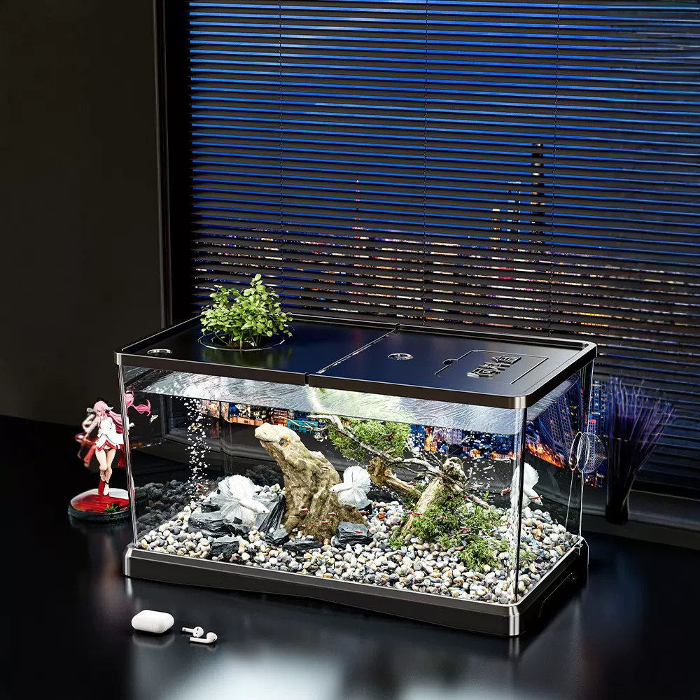 透明鱼缸水族箱塑料带盖金鱼缸家用客厅小型豪华造景生态缸桌面缸