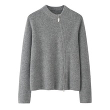 100纯山羊绒斜襟双拉链开衫女圆领时尚正品针织衫加厚毛衣外套女