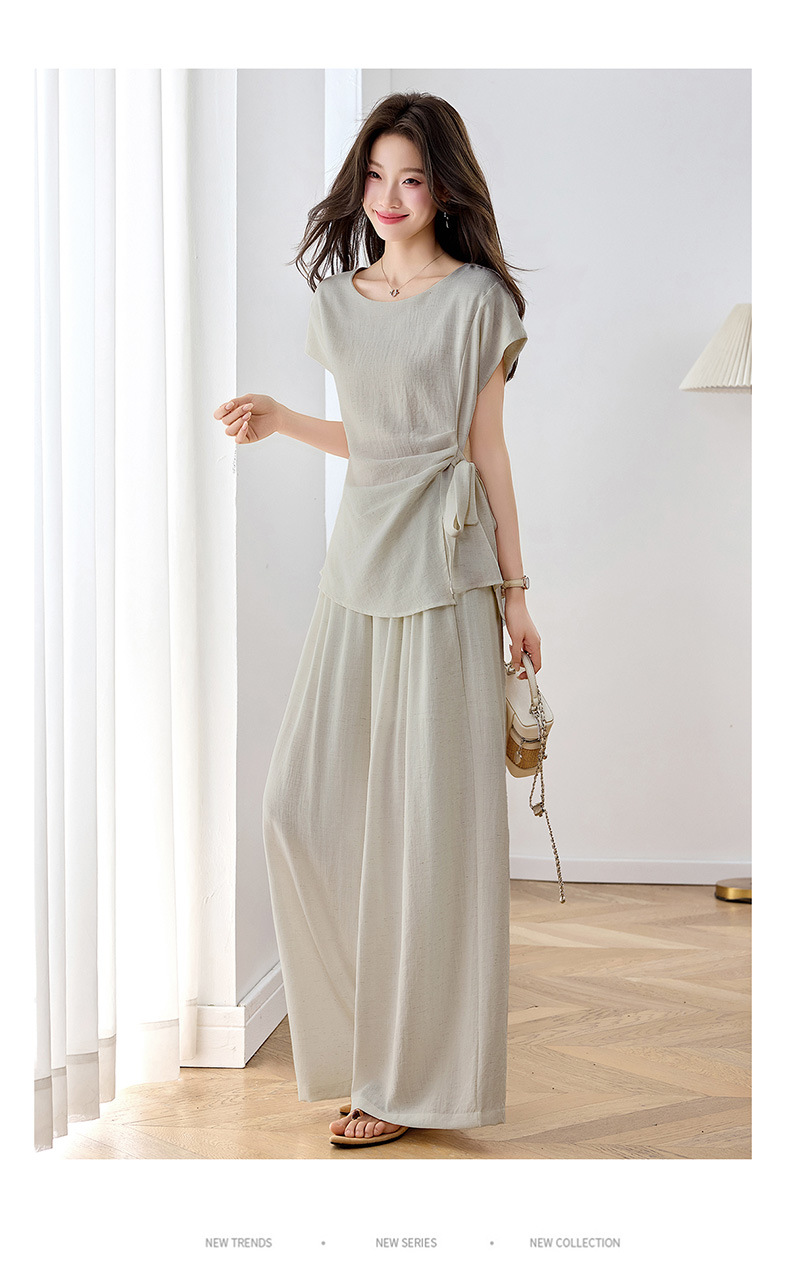 Bộ áo thun cổ tròn nơ buộc kết hợp quần ống rộng nữ 2 món — xanh lam, màu kaki, màu trắng ngà chi tiết 17