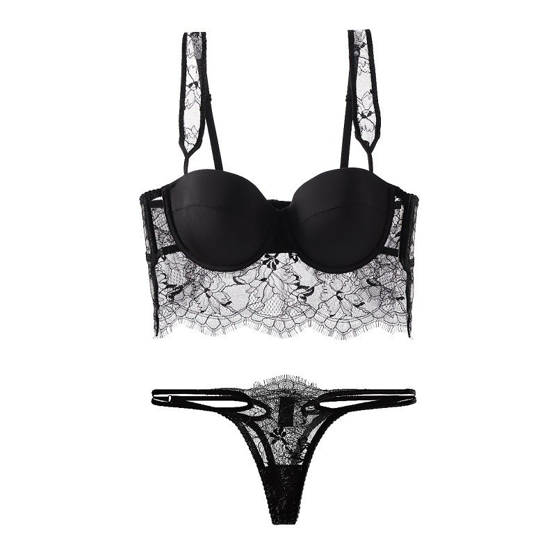 French-style sexy lingerie set with pure desire eyelash lace bralette, small cup, enhances size, gathers, beautiful back, push-up bra