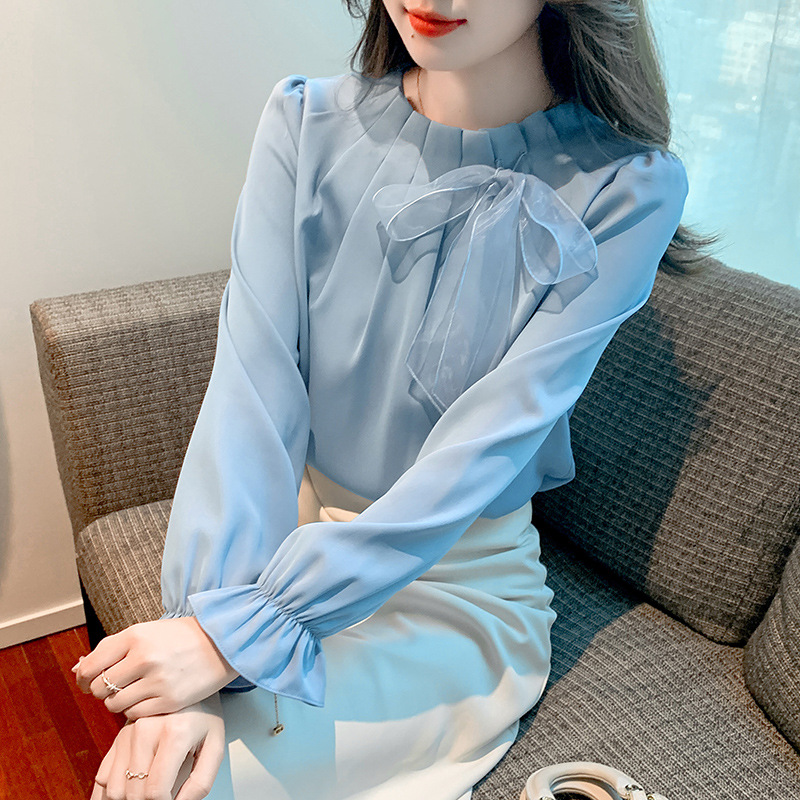 蝴蝶結長袖雪紡襯衫女春2025年新款顯瘦百搭上衣時尚洋氣小衫女