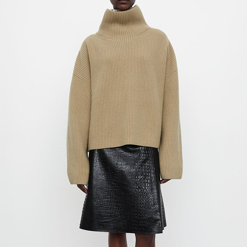 Nordic Style TOT Wool-Blended Sweater Women's Drop-Shoulder Rib Loose High-Neck Knitted Top Niche Autumn and Winter New