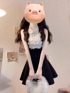 富家千金高級感黑色無袖背心連衣裙夏季蕾絲設計感收腰a字蓬蓬裙