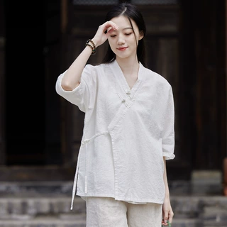 棉麻女装夏季新款V领偏襟短袖盘扣上衣女薄款系带改良汉服禅茶服