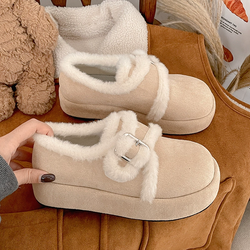 Французские ретро-туфли на толстой подошве с мехом для женщин, новинка 2025 года, зимние теплые хлопковые туфли в стиле Birkenstock, увеличивающие рост.
