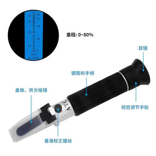 Handheld 0-80% refractometer, alcohol concentration meter, alcohol meter, ethanol alcohol concentration meter, refractometer