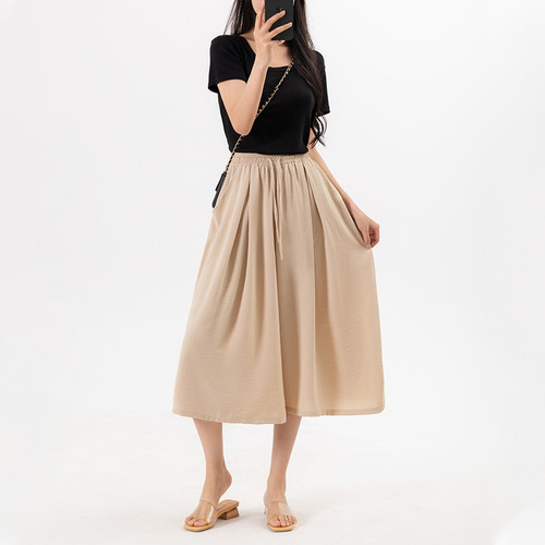 Summer Casual 7/8 Length Skirt Pants for Women, Ice-Benefit Smooth, Solid Color, Plus Size, Slimming, High-Waisted, Versatile, Thin-Fashion Wide Leg Pants