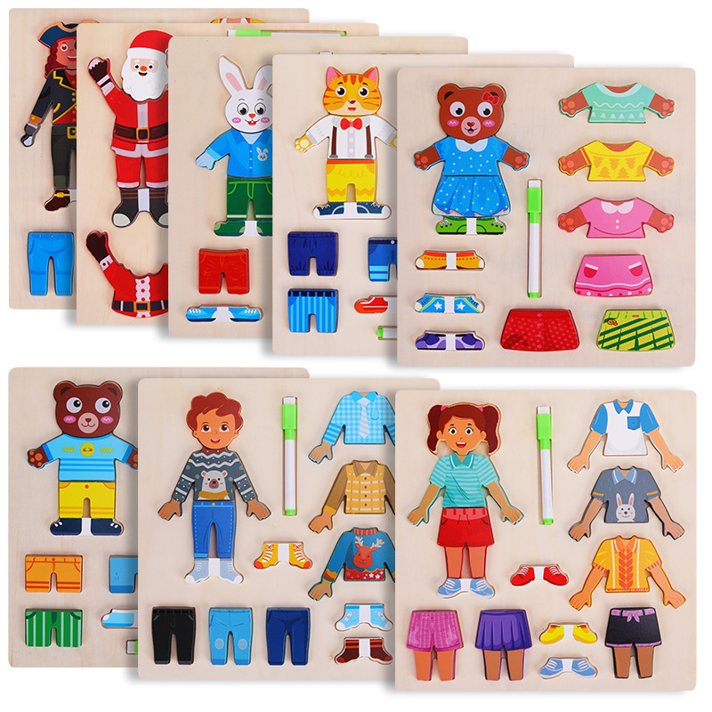 Personajes de madera para niños Vestir Tablero de dibujo de rompecabezas para niñas Tablero de escritura de graffiti Educación temprana Juguetes educativos al por mayor