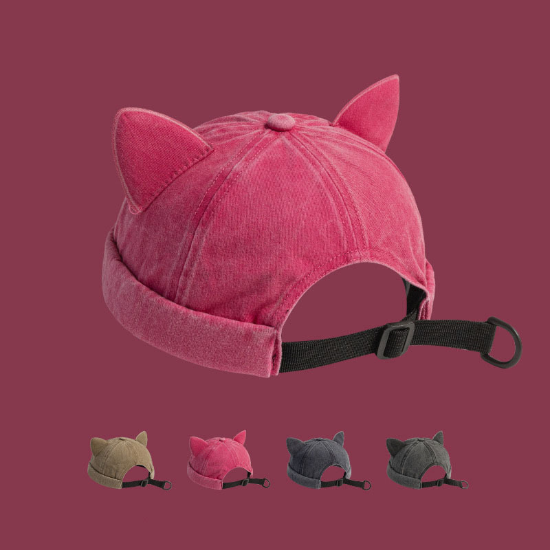 Cute Cat Ear Brimless Landlord Hat Summer Fashion Versatile Personality Melon Cap Washed Vintage Hooligan Hat for Women