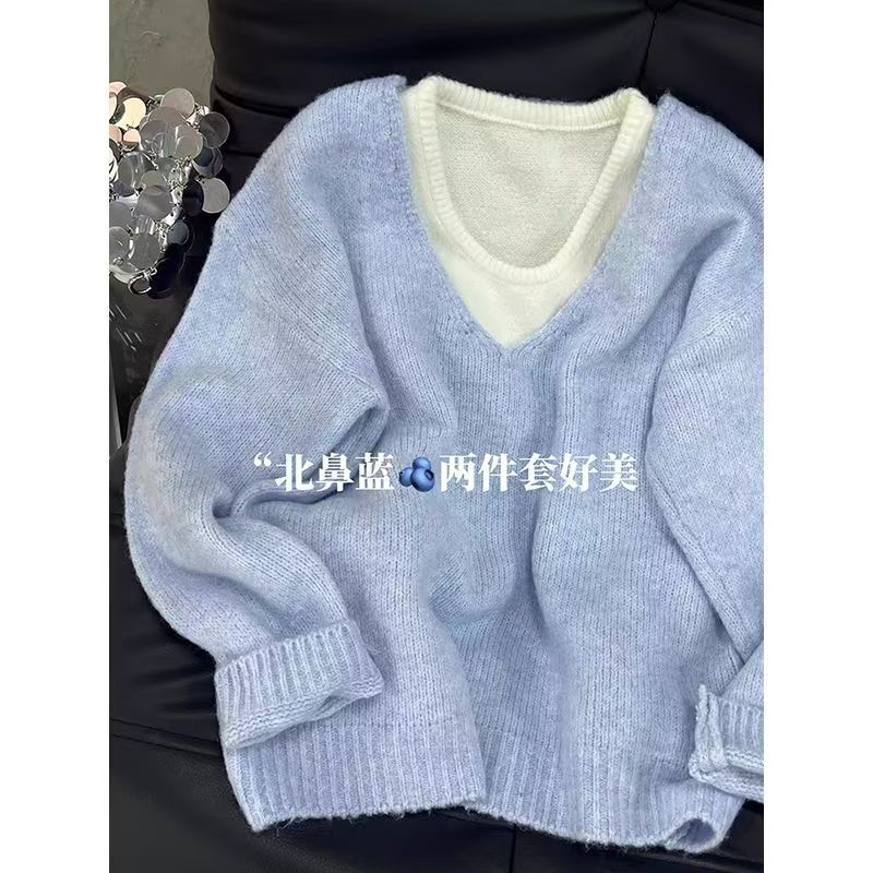 baby蓝软糯V领针织毛衣女秋冬宽松小个子打底上衣内搭叠穿两件套|undefined