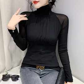 欧货2022秋新款高领拼接网纱插肩长袖t恤女时尚皱褶修身打底衫潮