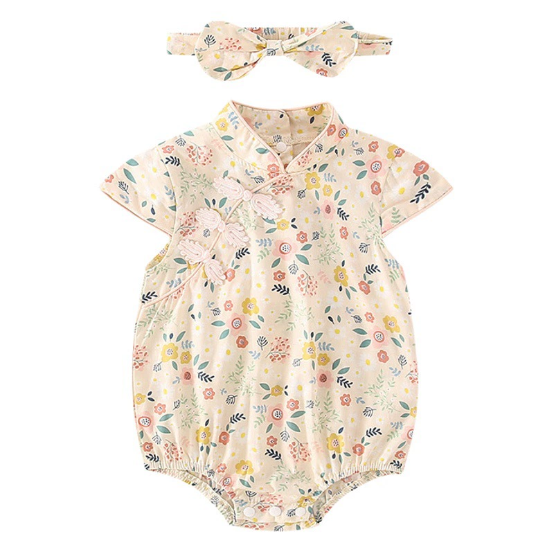 От 0 до 2 лет детский тонкий комбинезон 2023 Летний Новый Чонсам в стиле ретро с цветочным рисунком для маленьких девочек + повязка для волос