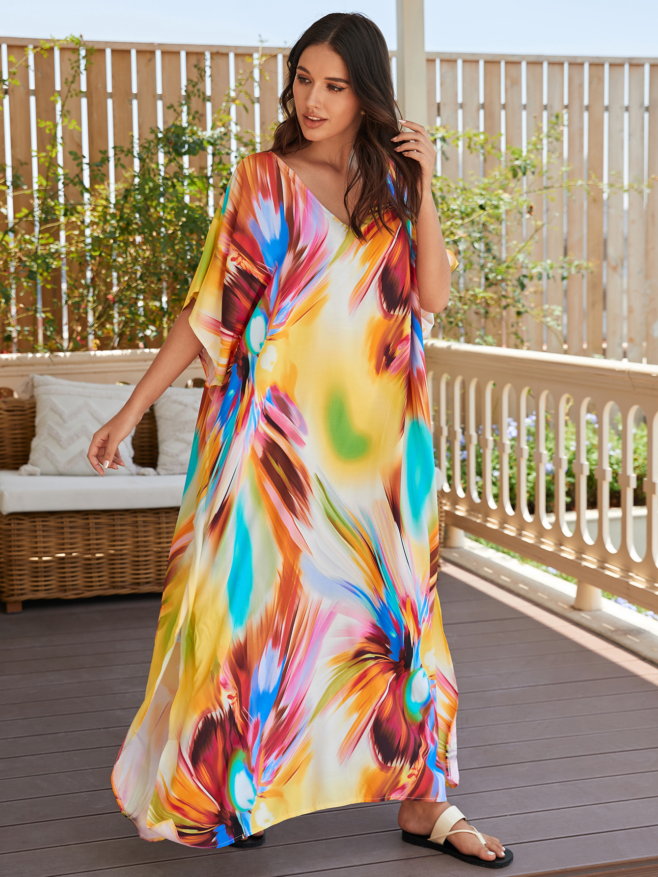 Rochie de plajă lungă kimono dama boho viscoză tie-dye_voghion.com