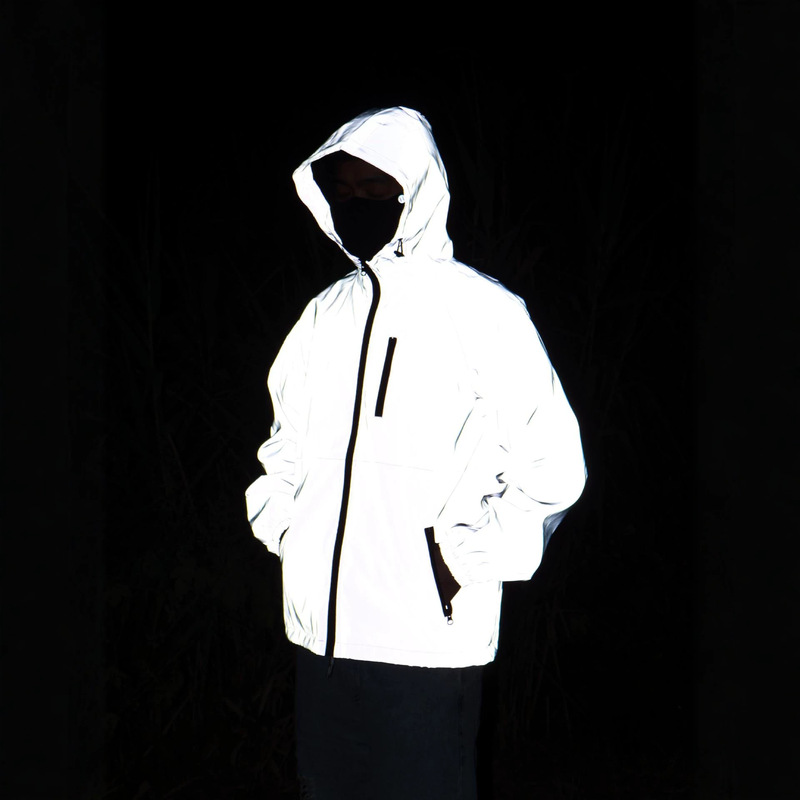 Spring and autumn reflective jacket in bright silver-gray for men and women, full-reflective hooded jacket with raglan sleeves for night running