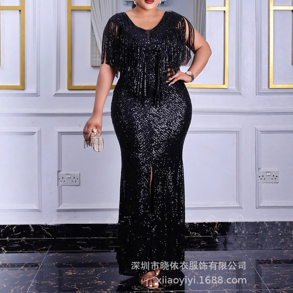 Amazon Cross-Border Foreign Trade European and American Plus-Size Sexy Slim-Fit Sequin Tassel Plus-Size Women's Dress Evening Gown