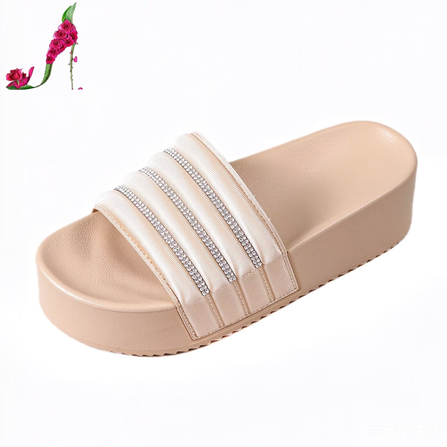 Sandalias Suecas de Cuña con Pedrería de Tela y PVC para Exteriores