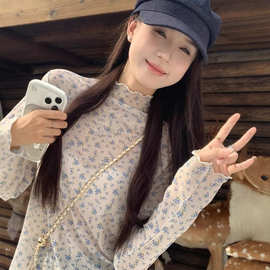 击中你心~半高领网纱碎花打底衫女秋叠穿内搭上衣