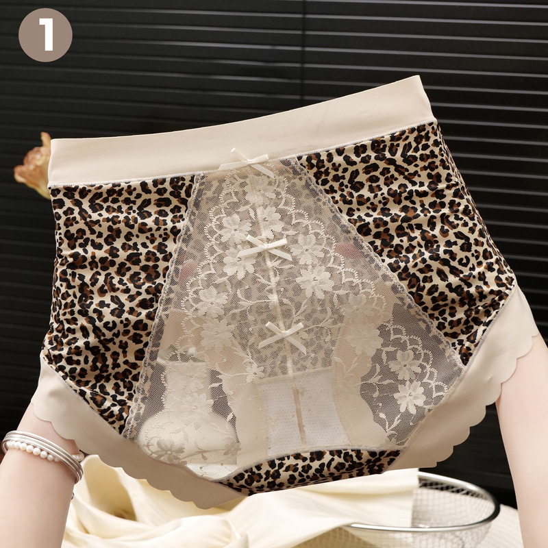 Plus-Size Leopard Print Ice Silk Triangle Panties for Chubby Women 100kg Extra-Large Sexy Lace Mesh Patchwork Women's Panties