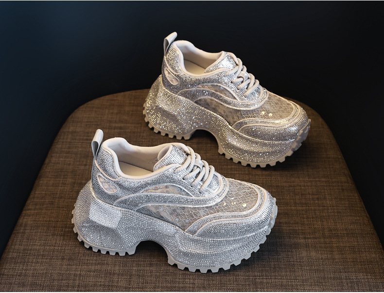 Giày sneaker nữ đế dày lưới thoáng khí đính đá full kim cương — Màu đen chi tiết 4