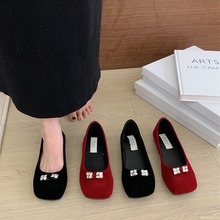 DUXI韩国女鞋2024早春款东大门绒面气质水钻方头浅口软底红色单鞋