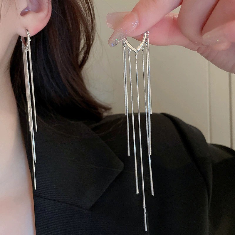 Silver Tassel Earrings Long Earrings 2025 New Trendy Japanese Korean Elegant Slim Chain Earrings Wholesale