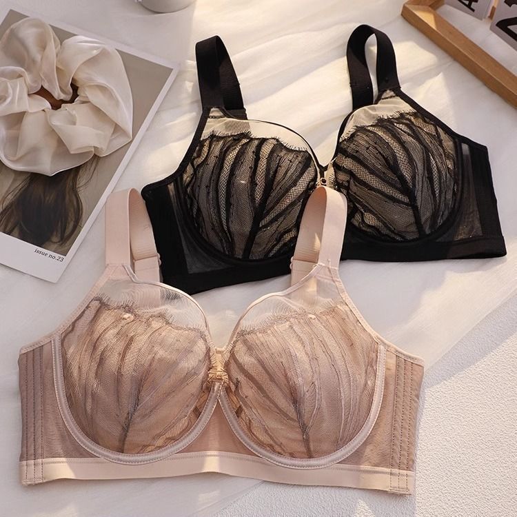 French Lace Underwear for Women with Big Breasts, Thin, Breast-Retracting, Anti-Sagging, Soft Steel Ring, Sexy Large Size Bra