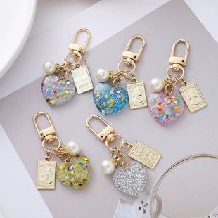 Keychain heart pendant, pearl charm, glitter coin tag, 7×3.5×1 cm, lightweight accessory