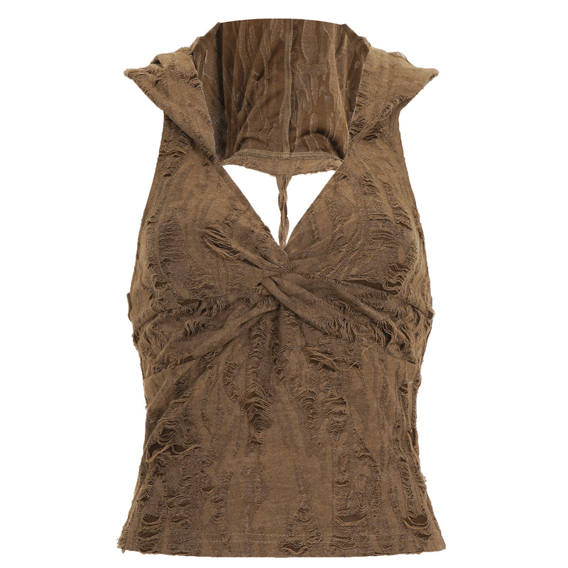 2025 Design Ripped Desert Wasteland Style Vest Sexy Stylish Street Hooded Backless Sleeveless Top for Women Summer 2025 Design Ripped Desert Wasteland Style Vest Sexy Stylish Street Hooded Backless Sleeveless Top for Women Summer