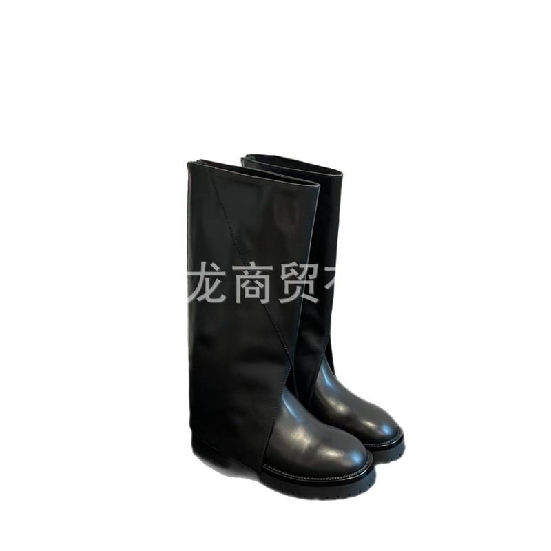 高端2025秋冬新款真皮圆头复古厚底后拉链高筒裤管靴长筒靴骑士靴|undefined