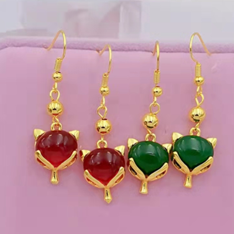 批发黄铜镀金宝石狐狸耳坠电镀仿金首饰品民族风女士婚庆耳环耳饰|ru