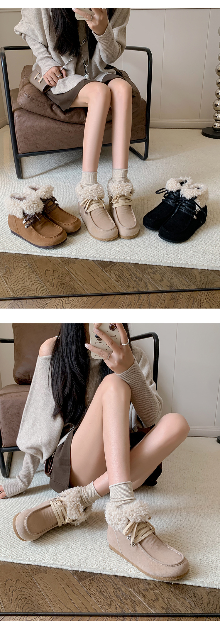 Boot tuyết nữ cổ cao lót lông giữ nhiệt, mũi tròn, dây buộc, tăng chiều cao bên trong — Vàng kem lót đơn, Đen lót nhung, Vàng kem lót nhung, Nâu lót nhung chi tiết 33