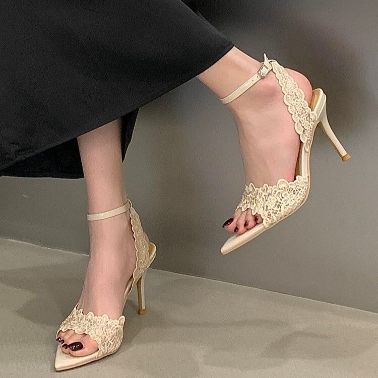 2026 Summer Fashion Sandals French Lace Pointed Toe Buckle Strap Thin Heel Versatile Fashion Sandals