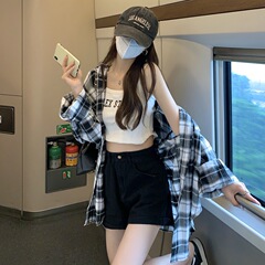 香港スタイル韓国スタイルルーズチェック柄日焼け止めシャツ女性のコート薄い新しいミッドレングス長袖トップ韓国スタイル夏