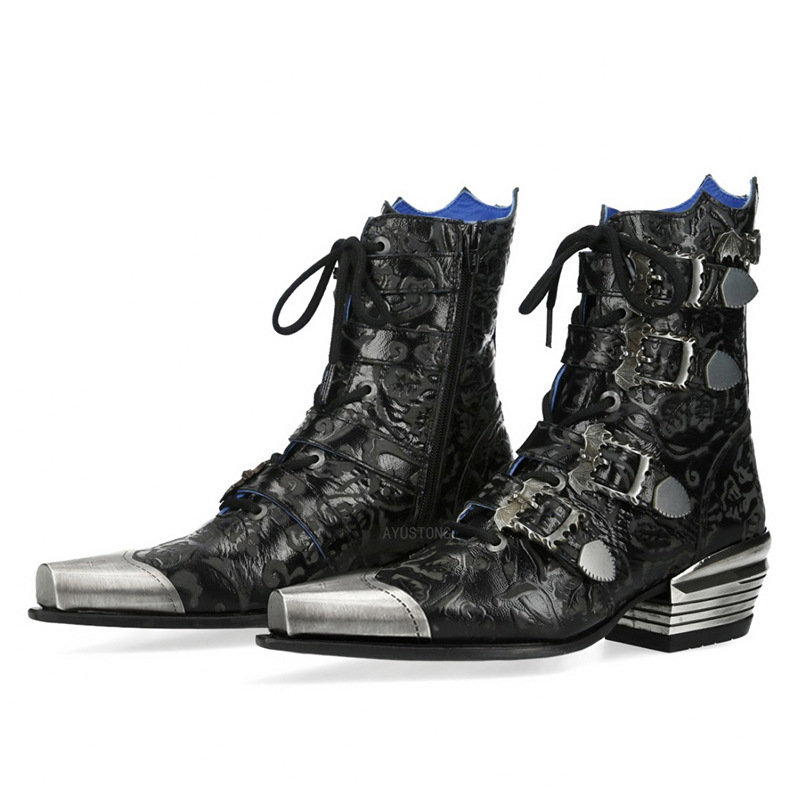 In stock: Pointed-toe Chelsea boots, dark punk style metal leather boots, vintage lace-up height-increasing short boots for men and women In stock: Pointed-toe Chelsea boots, dark punk style metal leather boots, vintage lace-up height-increasing short boots for men and women
