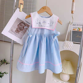 女童夏新款蓝色刺绣裙宝宝洋气娃娃领背心裙卡通裙子AXA361