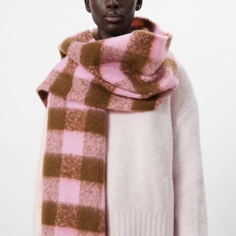 Moda europea y americana larga transfronteriza Comercio exterior otoño e invierno rosa Plaid borla bufanda Cachemira color a juego bufanda Plaid para mujeres