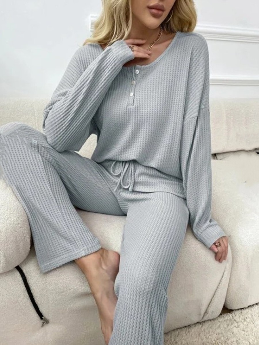 Conjunto de Ropa para Casa de Tejido Waffle para Mujer de Poliéster, Con Cordón, para Otoño image 8