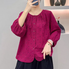 文艺小碎花印花圆领双层棉纱衬衫女秋季新款宽松大码休闲显瘦上衣