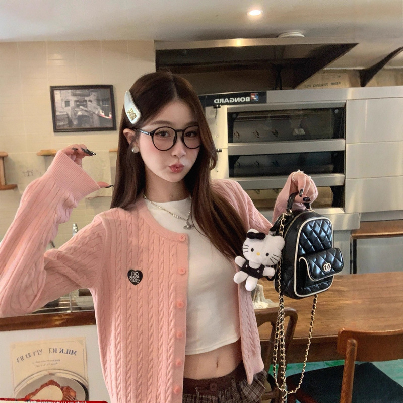 Pink Cardigan Women's Knitted 2025 New Early Autumn Korean Style Top Miu Sweater Jacket