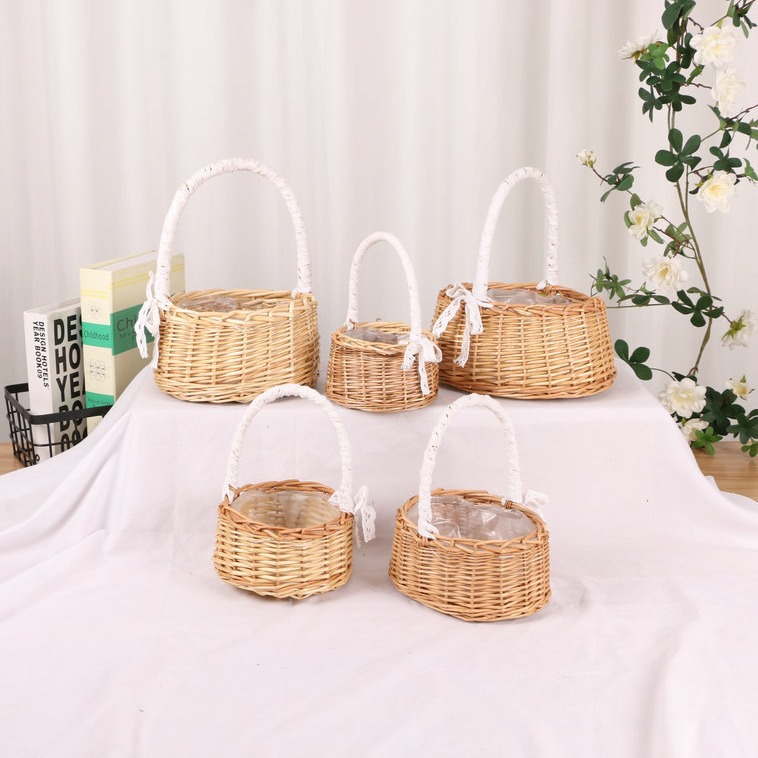 Regalo DE LA MANO perla princesa cesta sauce ratán tejida olla verde rosa flor niños foto cesta arco cinta portátil flor cesta