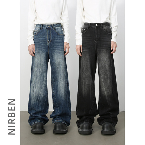 Nirben Denim | American Retro Distressed Streetwear Men's Water Wave Print Trend Brand Loose Straight Leg Wide Pants