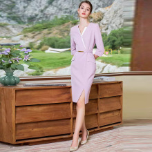 AD显瘦气质连衣裙女士洋气小V领醋酸西装包臀裙美容院工作服OL